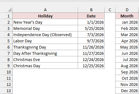 The worksheet lists eight company holidays and all twelve months of 2026.
