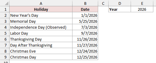 Eight company holidays are listed alongside the year 2026 for the annual calculation.