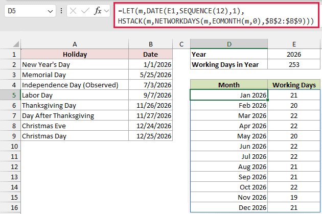 LET, SEQUENCE, and HSTACK spill monthly working day totals beneath the annual total of 253.