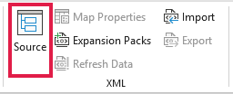 Excel Developer tab with Source highlighted in the XML group