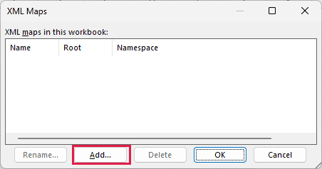 Empty XML Maps dialog box with Add highlighted