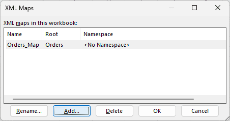 XML Maps dialog box showing Orders_Map with Orders as the root element
