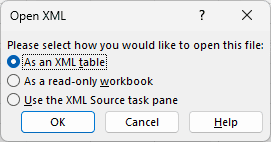 Open XML dialog box with As an XML table selected
