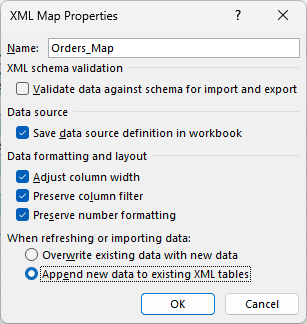 XML Map Properties dialog box with Append new data to existing XML tables selected
