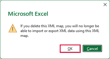 Excel warning that deleting the XML map prevents further imports and exports using it