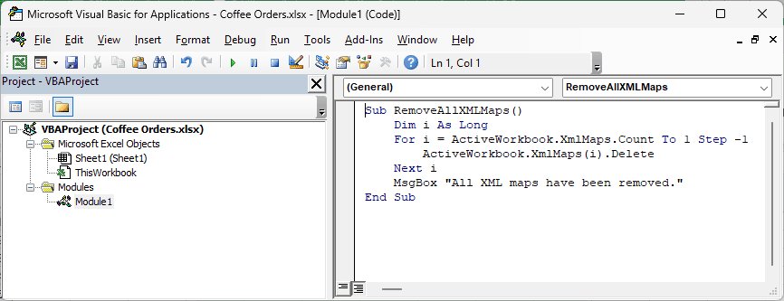 VBA editor with the RemoveAllXMLMaps macro in a module