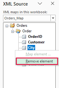 XML Source pane with the City element menu open and Remove element highlighted